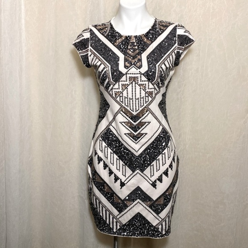 Express cocktail dress cream in color with black and gold sequins. Medium - Picture 1 of 13